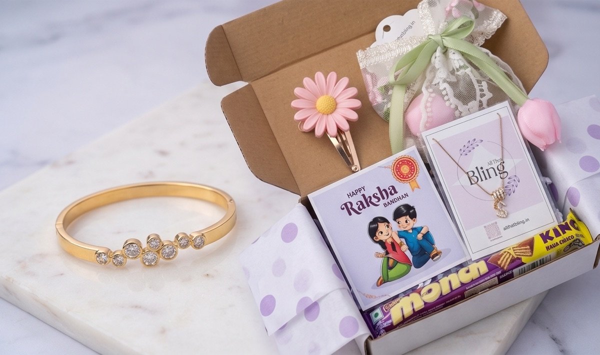 Bangle photographed beside a packed All That Bling gift box