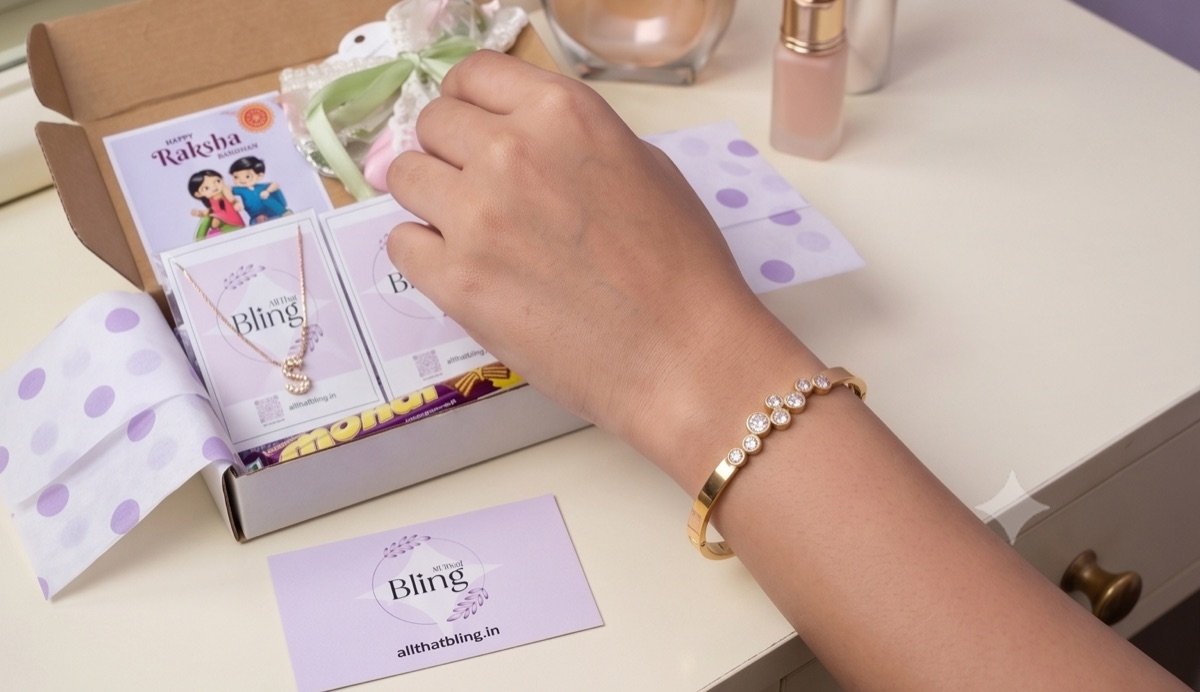 Bangle worn on the wrist beside an All That Bling gift box